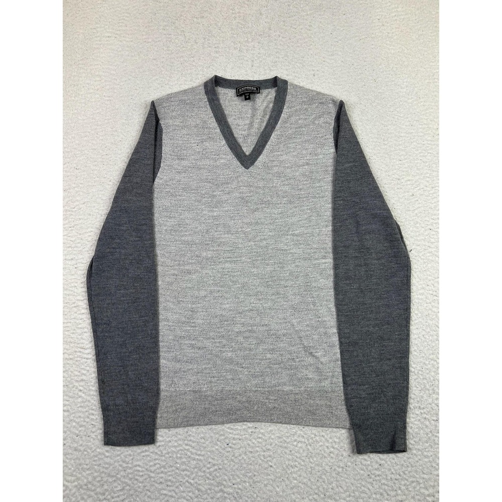 Express Sweater Mens Small Heather Gray V Neck Extra Fine Merino Wool Colorblock
